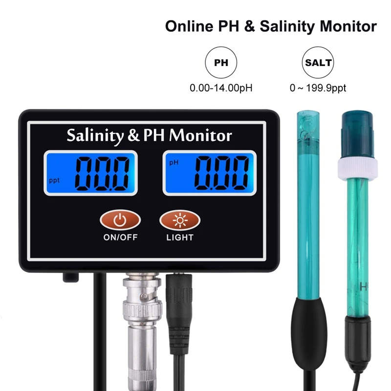 Monitor Digital de PH y salinidad 2 en 1, medidor de salinidad de pH LCD en línea para acuario