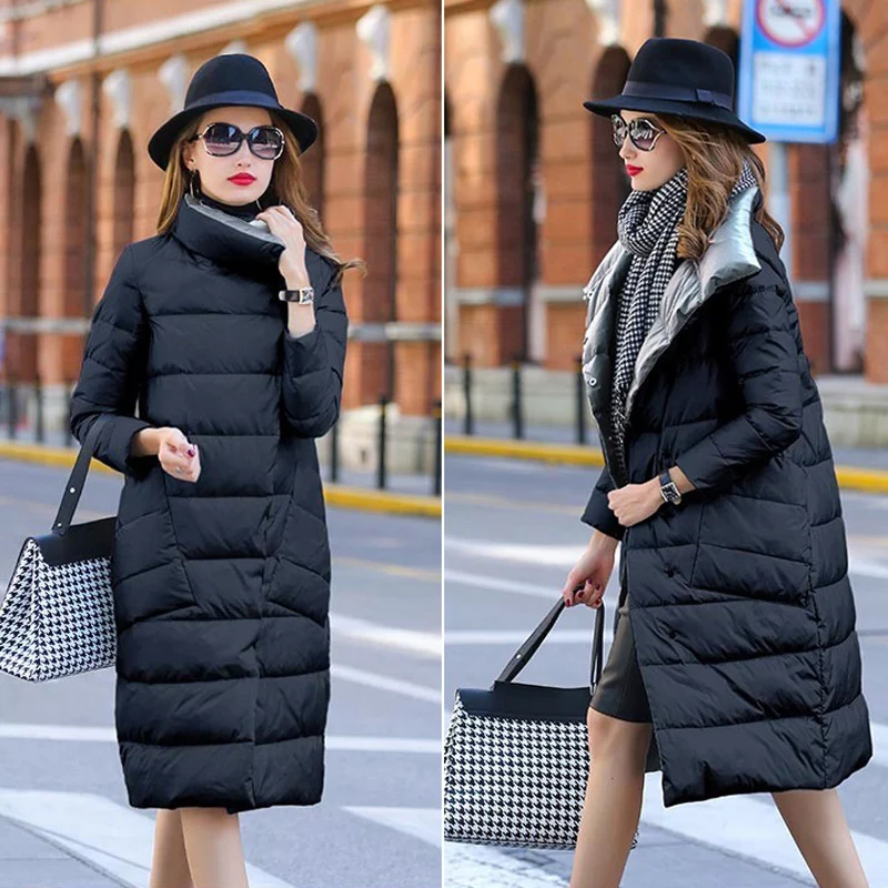 black and gray Женская зимняя куртка на утином пуху, длинная, толстая, двусторонняя, в клетку, пальто для женщин размера плюс, теплый пуховик, парка для женщин, тонкая одежда - Цвет: black and gray