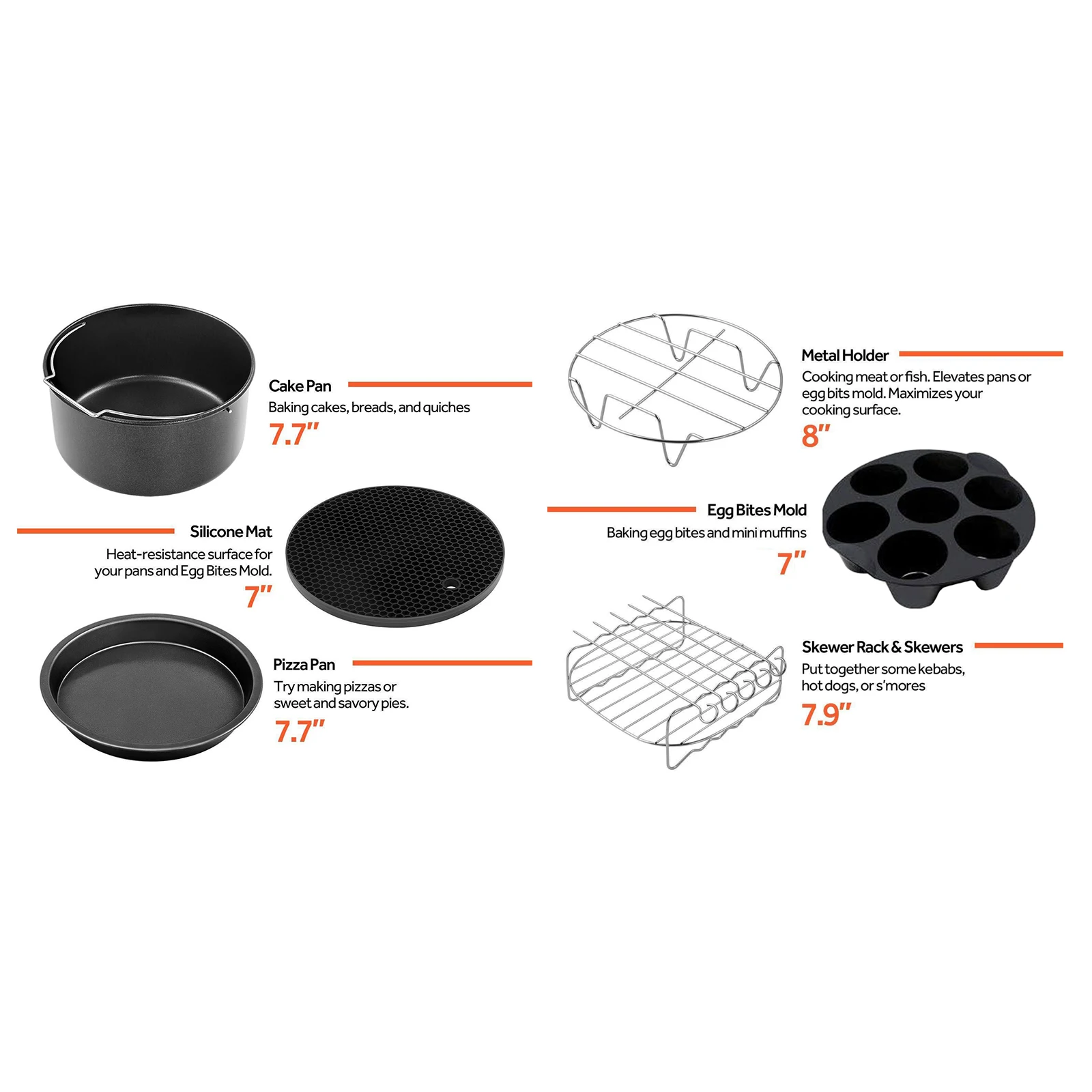 12pcs 8 Inch Air Fryer Accessories Fit for 4.2QT-6.8QT Deep Fryer BPA Free Baking Pan Silicone Mat Oil Brush