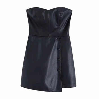 

2020 women sexy strapless PU Leather jumpsuits ladies back zipper Conjoined shorts chic casual slim club party siamese DS3197