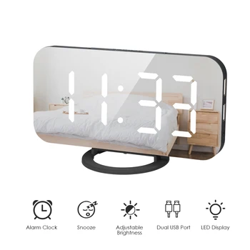 

New LED Digital Alarm Clock with Font Display Mirror Surface Snooze Function Dual USB Charging Ports Alarm Clock for Bedroom Off