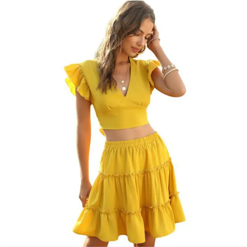 Lofia Women Two Piece Outfits 2 Piece Outfits for Women Two Piece Set Lofia Cake Skirt Lotus Leaf Short Sleeve Sexy Crop Top