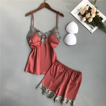 

Sexy Ice Silk Suspenders Shorts Pajamas Two-piece Thin Section with Chest Pad Deep V Lace Stitching Fun Home Suit Female Summer
