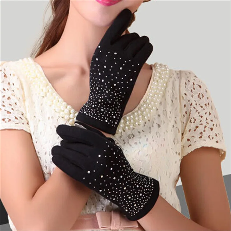 LJCUIYAO, женские, мужские перчатки, теплые, зимние, вязаные, полный палец, перчатки, варежки, для девушек, женская, шерстяная перчатка, шерсть, плюш, бант, высокое качество - Цвет: G030 Black