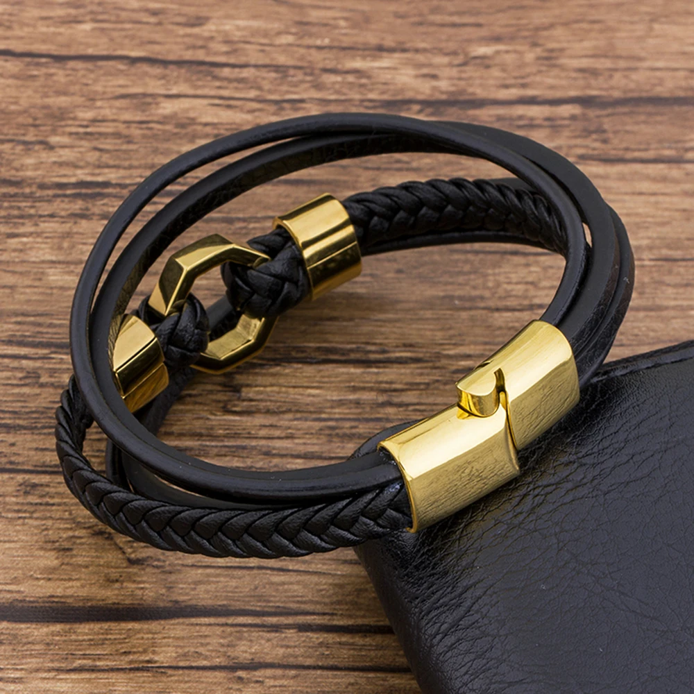 Tendy Fashion Luxury Braided Rope Stainless Steel Men Bracelet Leather Black Gold Magnetic Clasp Bangles Jewelry Gift For Father