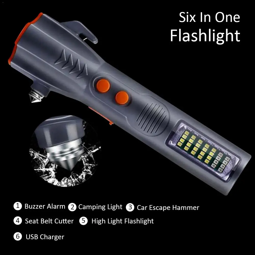 

6 In 1 Multifunctional Sound Light Buzzer Alarm Rechargeable Flashlight Emergency Tool With Window Breaker Seat Belt Cutter