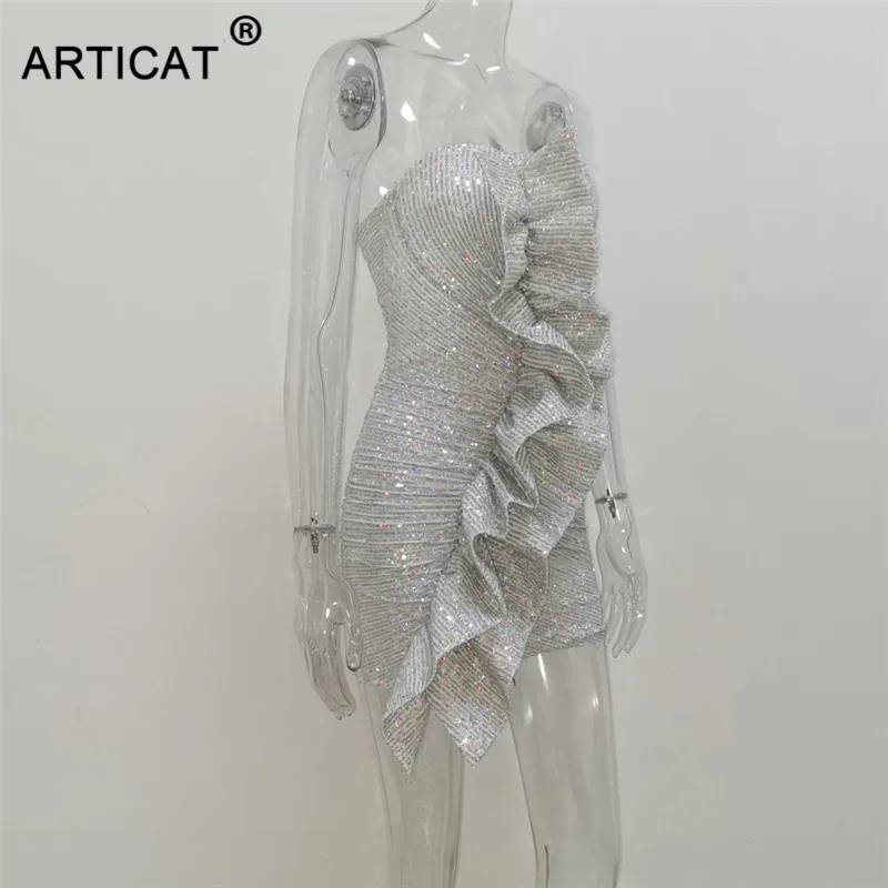 Articat, блестящее платье с блестками, женское, сексуальное, без бретелек, с оборками, облегающее, серебряное, мини-платье, женские, сексуальные, Клубные, вечерние, ночные платья