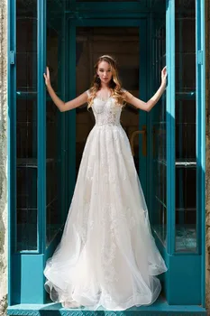 

Scoop Short Sleeves Lace Appliques A Line Wedding Dresses Custom Online Bridal Gowns Formal Long Robe De Mariage Spring