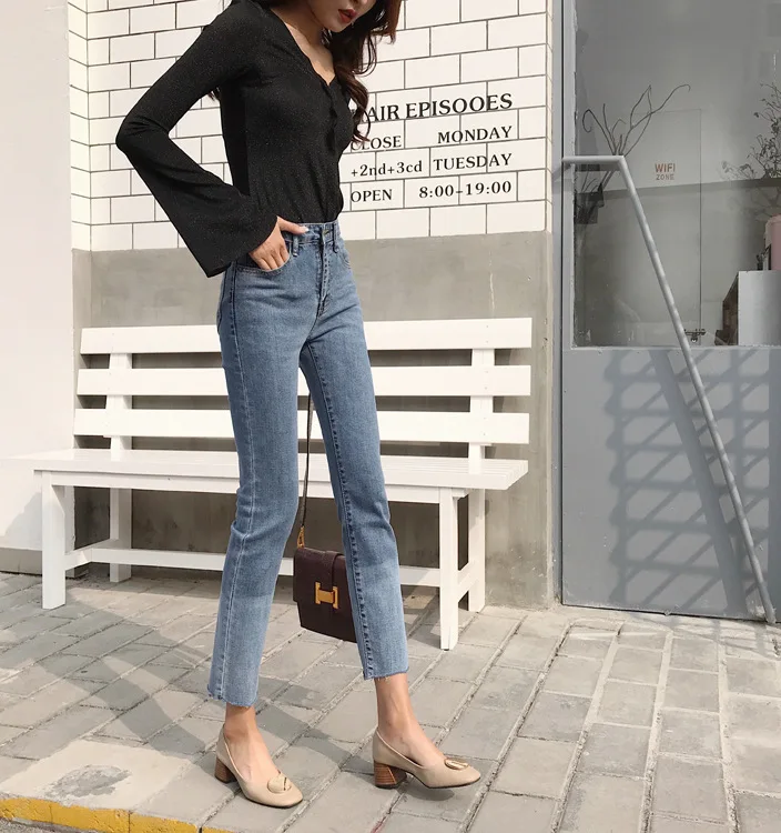 Лето, Ulzzang Wind, обтягивающие, вареные брюки, градиентные, цветные, ковбойские, длиной до щиколотки, штаны с высокой талией, тянущиеся, рваные, с краями, Penc
