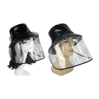 

Couple Faux Leather Bucket Hat TPU Clear Face Shield Anti Spitting Mesh Veil Cap X5XA