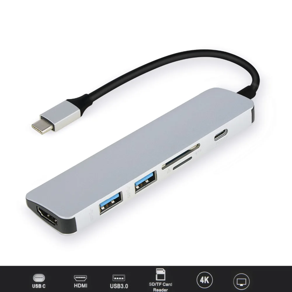 6 в 1 концентратор usb type C 2 USB 3,0 порт SD кард-ридер адаптер многопортовый адаптер для MacBook samsung Galaxy S9/S8 huawei P20 Pro
