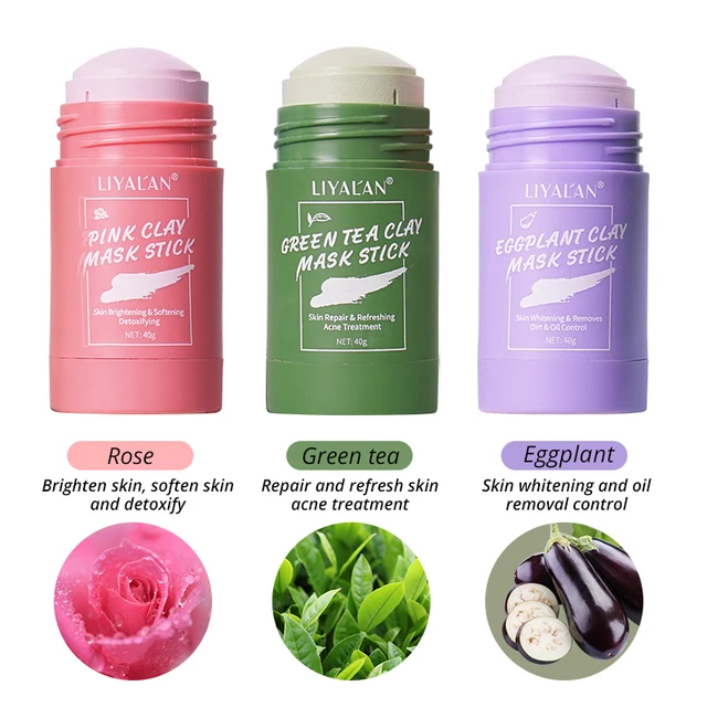 Green Tea Solid Clay Mask Stick Facial Cleansing SkinCare Face Purifying Oil Control Anti Acne Eggplant