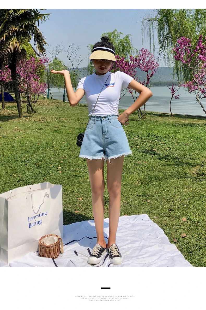 Летний Стиль потертые джинсовые шорты женские корейский стиль с высокой талией стройнящие свободные трапециевидные шикарные популярные брюки сеть Re