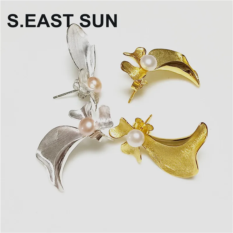 

S.EAST SUN 925 Sterling Silver Freshwater Pearl large petal earrings, suitable for women's wedding party holiday, purely handmad