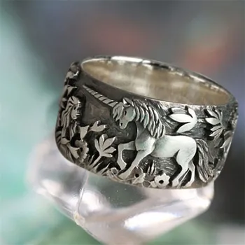 

2020 Fashion European and American New Unicorn And Little Princess Wide Face Punk Hip-hop Style Personalized Silver Black Ring