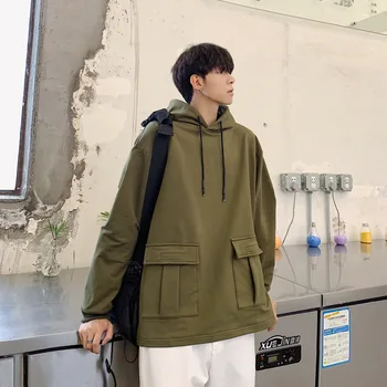 

2020Spring And Autumn New Youth Popular Solid Color Loose Hooded Sweatshirt Fashion Casual Big Pocket Pullover Army Green/Yellow