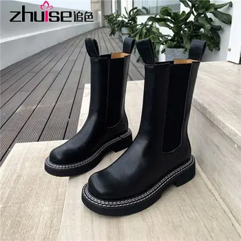 preço Botas De Couro Outono E Inverno Sapatos De Plataforma Tubo Longo Curto Cavalier Chelsea Martin Botas Femininas Botas Botas De Salto Alto Goth