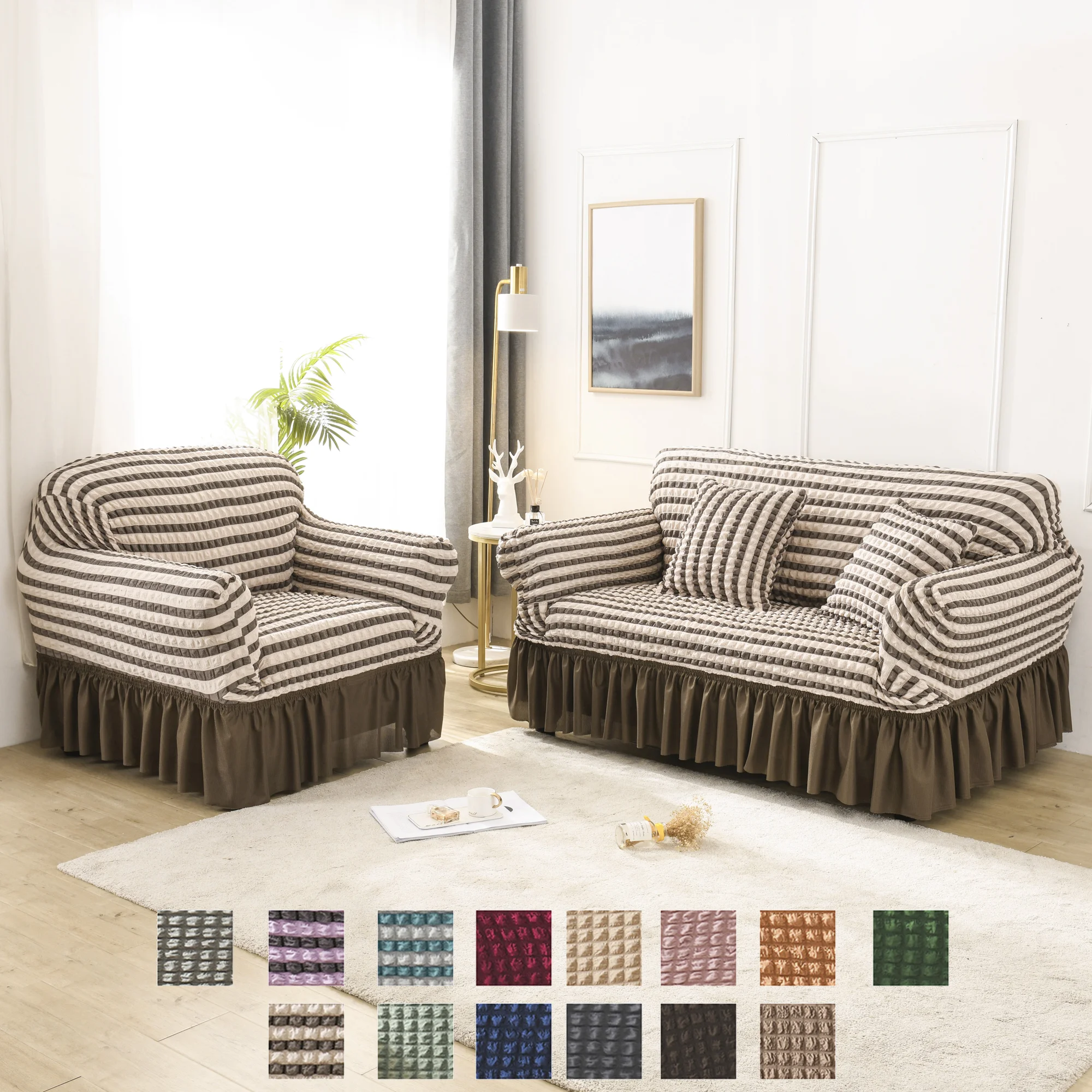 

Solid Color Stretch Seersucker -Sofa Cover for Living Room Home Decoration Couch-Cover Slipcovers with Skirt 4 Size