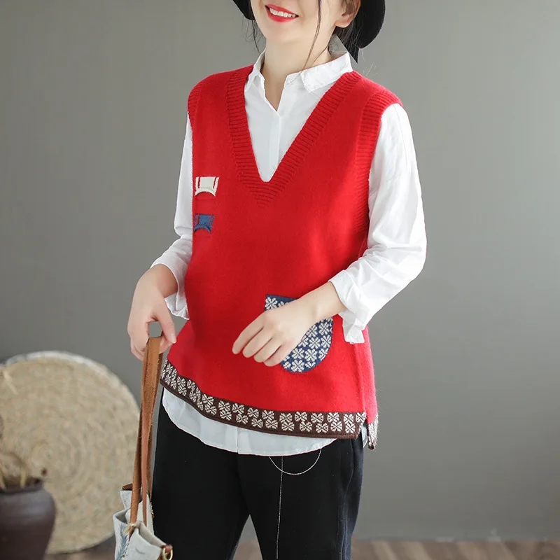 red vest Вязаный винтажный женский жилет из основной пряжи, свободные и тонкие, ретро принт, v-образный вырез, жилет для женщин среднего возраста, женские пальто - Цвет: red vest