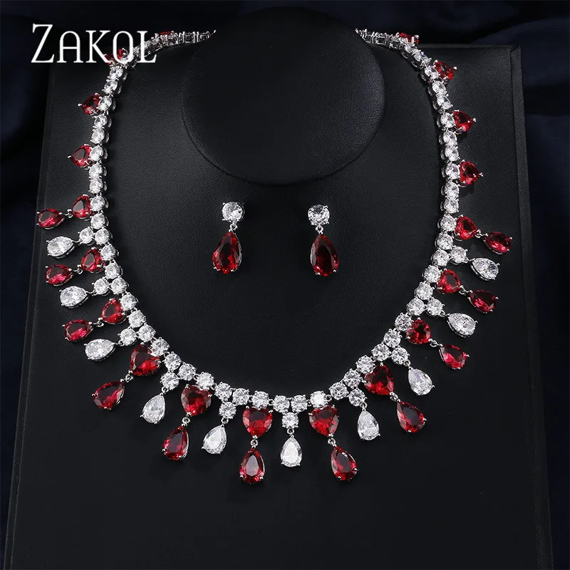

ZAKOL Luxury Cubic Zirconia Drop Earrings Pendant Necklace Set Bridal Jewelry for Women Dinner Party Birthday Gift FSSP159