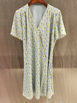 

100% Silk V-neck Women Wrap Mini Dress Print Short Sleeve Spring Summer Waist Lace-up Female Short Dresses Clothing