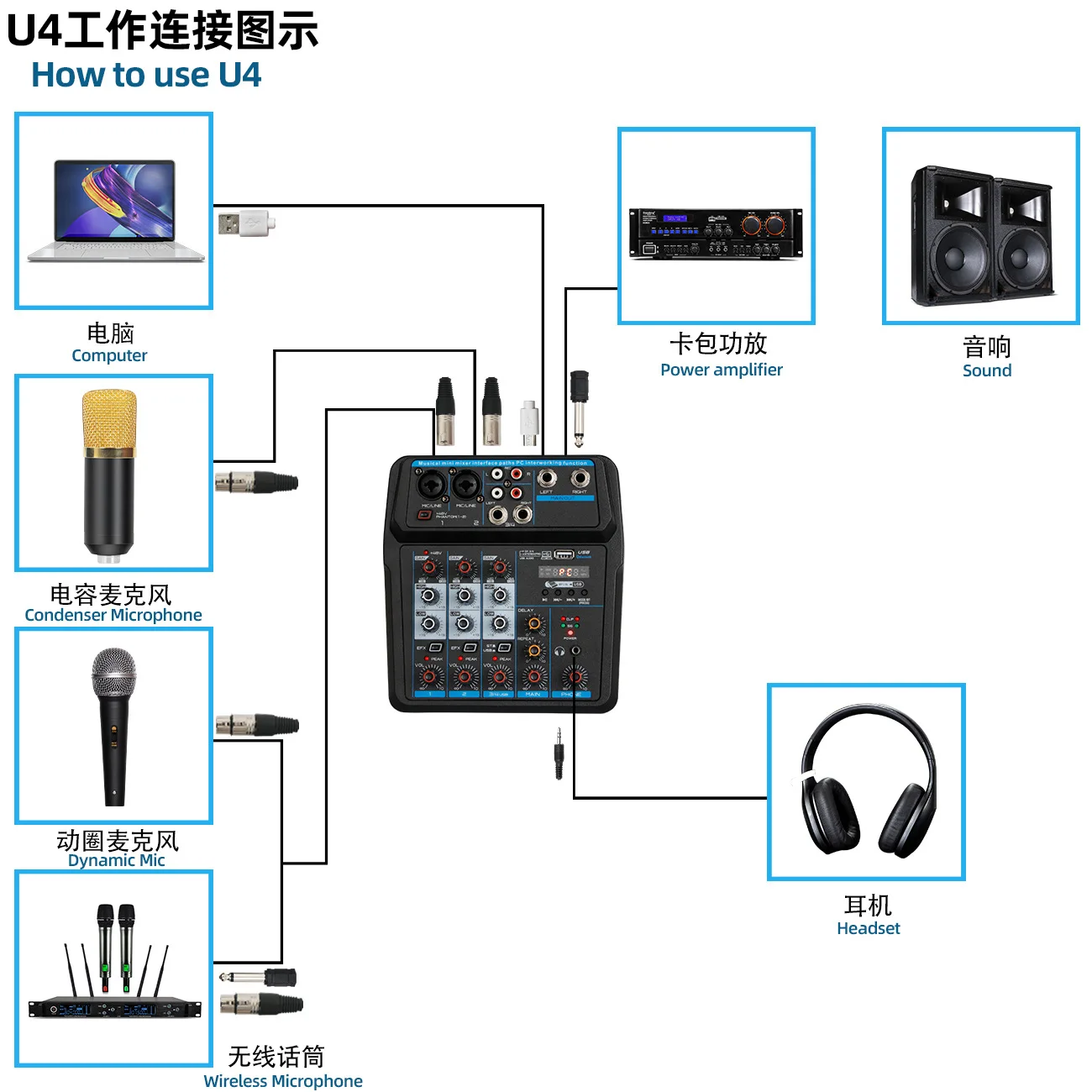 LEEDOAR 4-channel Professional Portable A4 Mixer Sound Card Mixing Console Computer Live Input 48v Power Model Number PK TEYUN