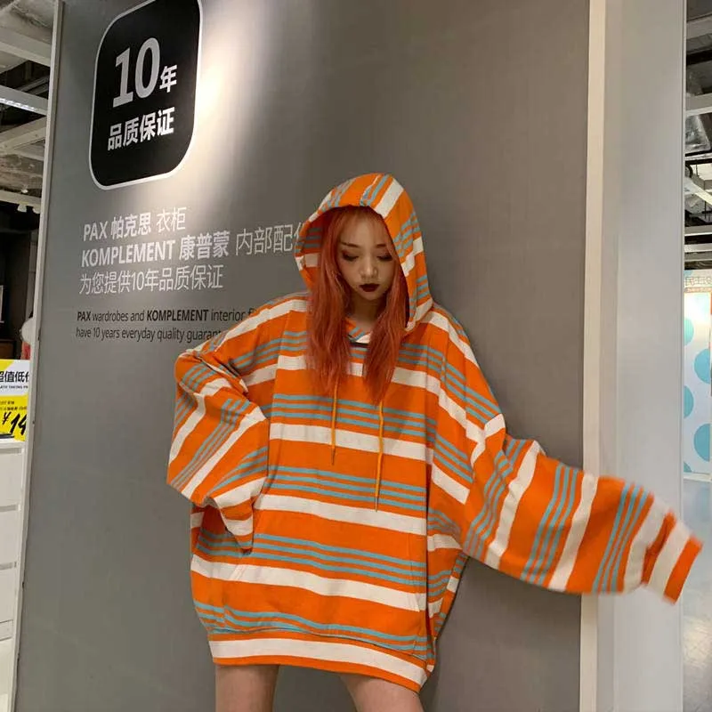 NiceMix 4XL, негабаритная полосатая Толстовка с длинным рукавом, харакуджу, Женская толстовка, свободная женская уличная одежда для девочек на осень