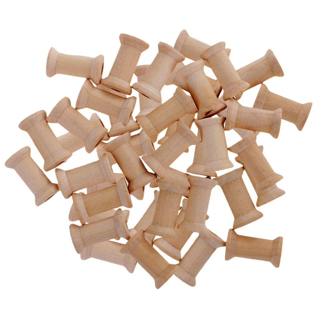 50 Pieces Unfinished Wooden Spools Thread Bobbins Cord Wire Coils Wood Craft Sewing Notions 27mmX16mm