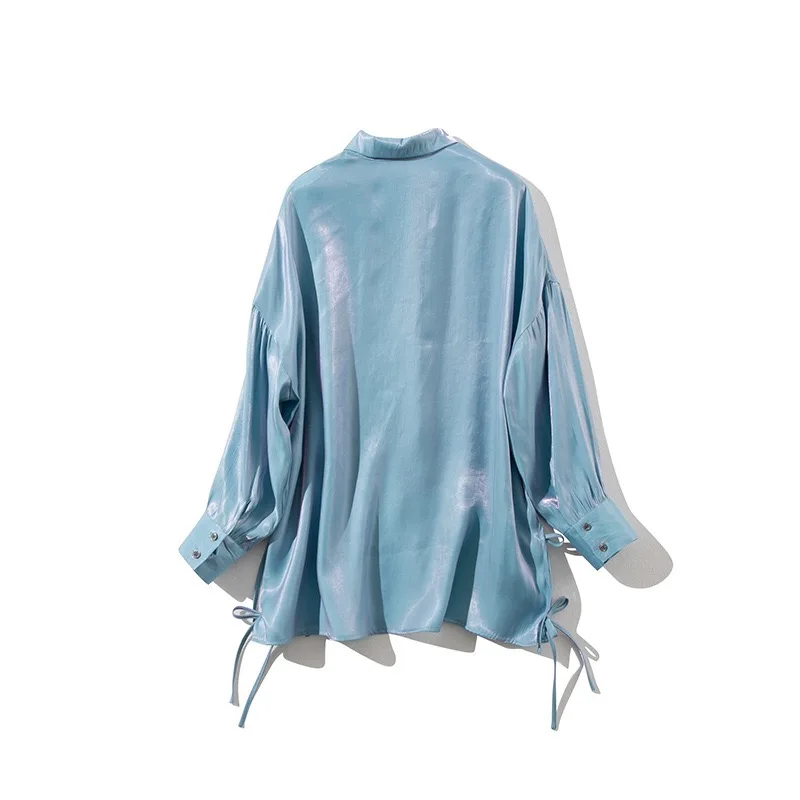 Осенняя рубашка больших размеров с отворотом, с длинными рукавами, градиентный яркий сатиновый, с разрезом, женская Свободная блуза средней длины со шнуровкой