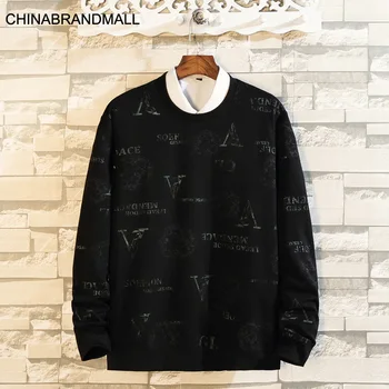 

Men Plus Fat Plus Size Autumn Backing Shirt Fat Man Leisure Loose Version Letter Printing Round Neck Long Sleeve Sweater
