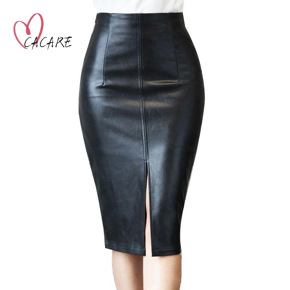 Женская черная юбка-карандаш средней длины из искусственной кожи, с высокой талией