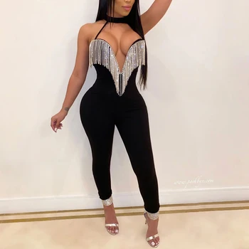 

Women Sexy V Neck Sleeveless Rhinestone Tassel Back Zip Slim Halter Jumpsuit