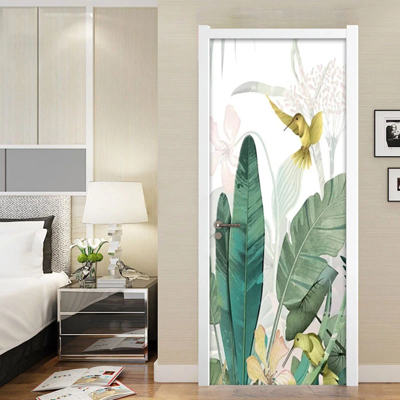 Banana Leaf Flower Bird Door Sticker Mural Waterproof Wallpapers For Living Room Bedroom Door Home Decoration Photo Wallpaper images - 6