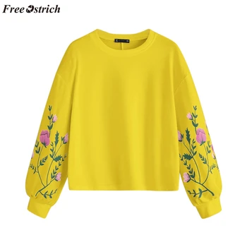 

FREE OSTRICH Women's fashion round neck long-sleeved cotton and polyester plant flower print sleeves comfortable sweatshirt new