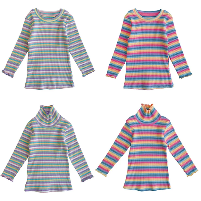 Детская одежда в полоску для девочек хлопковые футболки с длинными рукавами и принтом радуги для девочек, одежда для малышей модный бренд