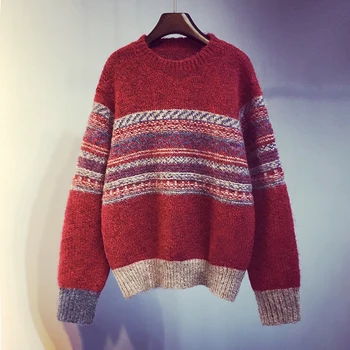 

[EWQ] 2020 Spring Autumn New Striped Office Lady Full Sleeve Round Collar Loose Warm Women's Pullover Knitted Sweater TX342