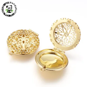 

50pcs Golden Flat Round Brass Diffuser Locket Pendants Photo Frame Charms for Necklaces 27x7mm, Hole: 2mm