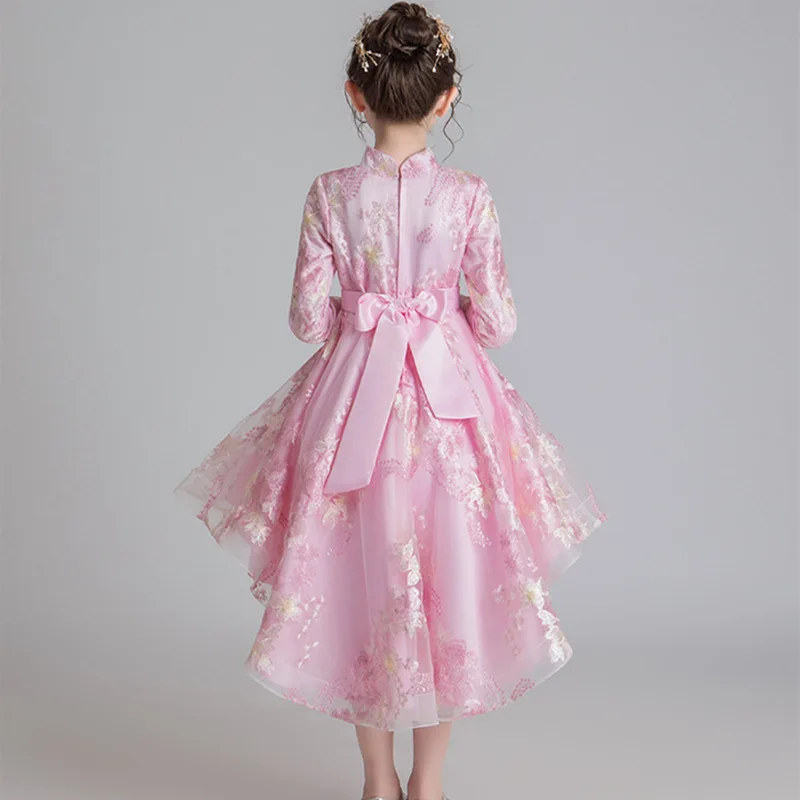 Flower Embroidered Long Sleeve Autumn Winter Bow Lace Tutu Girl Princess Dress Costumes Clothes Show Evening Party Dress WG-1210