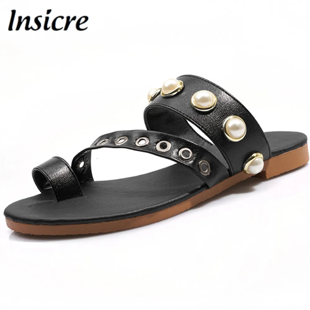 

Insicre 2019 new fashion woman sides outside slippers women flat shoes bead woman summer shoes large size 34-50 woman flat shoes