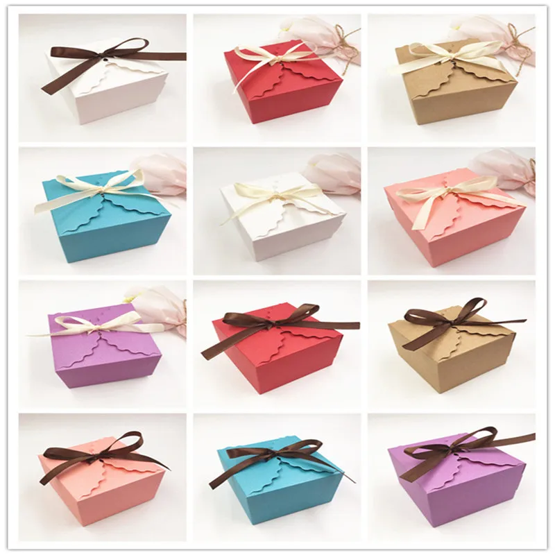 

100Pcs/Lot Multiple Color Kraft Paper Box Wedding Favors Party Candy Gift Cuboid Box For Storage Macaron Biscuit Bake Add Ribbon