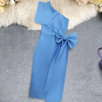 

2020 Summer New Blue One Shoulder Irregular Bodycon Sheath Midi Length Club Sexy Pencil Dress with Bow for Women Plus Size XXL