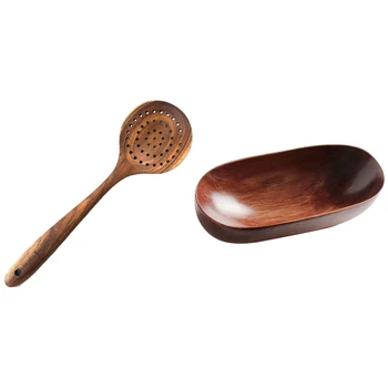 

Teak Wood Spoon Long Handle Spoon Wooden Spoon & Wooden Dried Fruit Dish Solid Wood Tableware Food Serving Tray