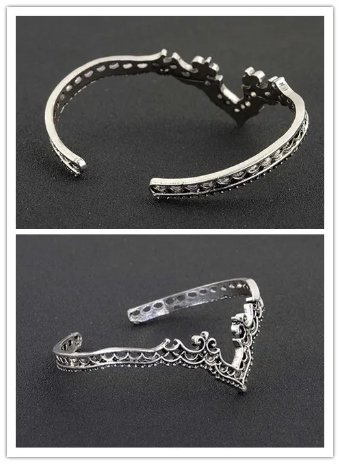 Hollow Pattern Lace Bangles Fashion Retro Exaggerate Silver Color Jewelry Bohemian Opening Backwards Crown Bracelet For Women