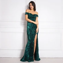 С плеча зеленое Платье с блестками длинное платье длина полаплатье для вечеринки платье соткрытыми плечами Щелевая Платье с блестками платье русалки
