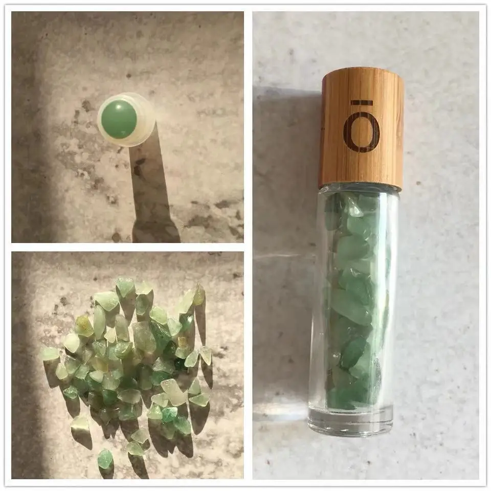 10ml Essential Oil Bottles Roll On Roller Ball Healing Crystal Chips Semiprecious Stones Bottles Refillable Bottle bamboo cap