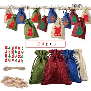 

24PCS Christmas Advent Calendar Countdown Bag Hanging Candy Gift Sacks Pouch with Clips Stickers Rope Home Christmas Decoration
