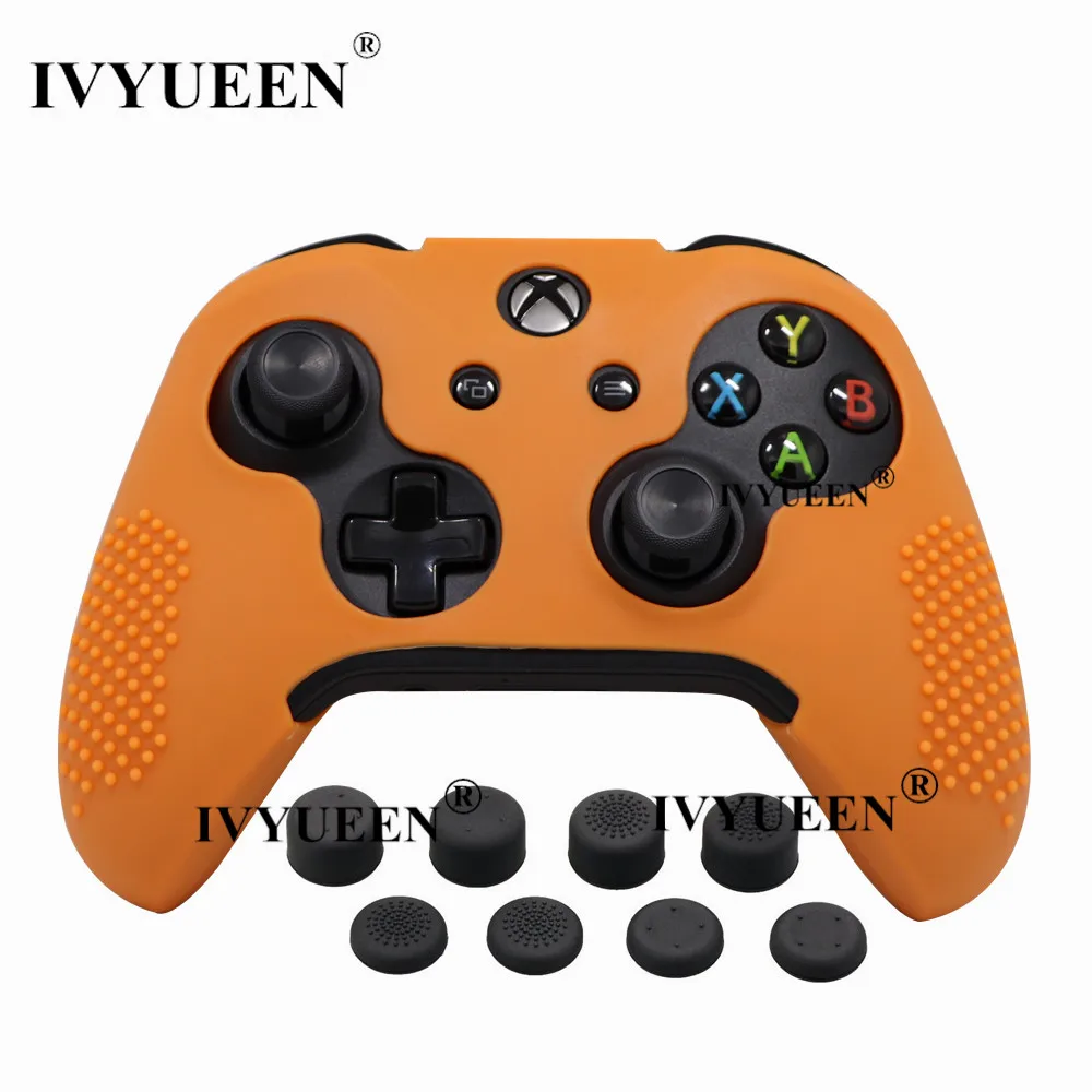 IVYUEEN силиконовой кожи для Xbox One X S контроллер Противоскользящий защитный чехол и 8 шт. аналоговые ручки Захваты дополнительная высота колпачки для большого пальца - Цвет: Оранжевый