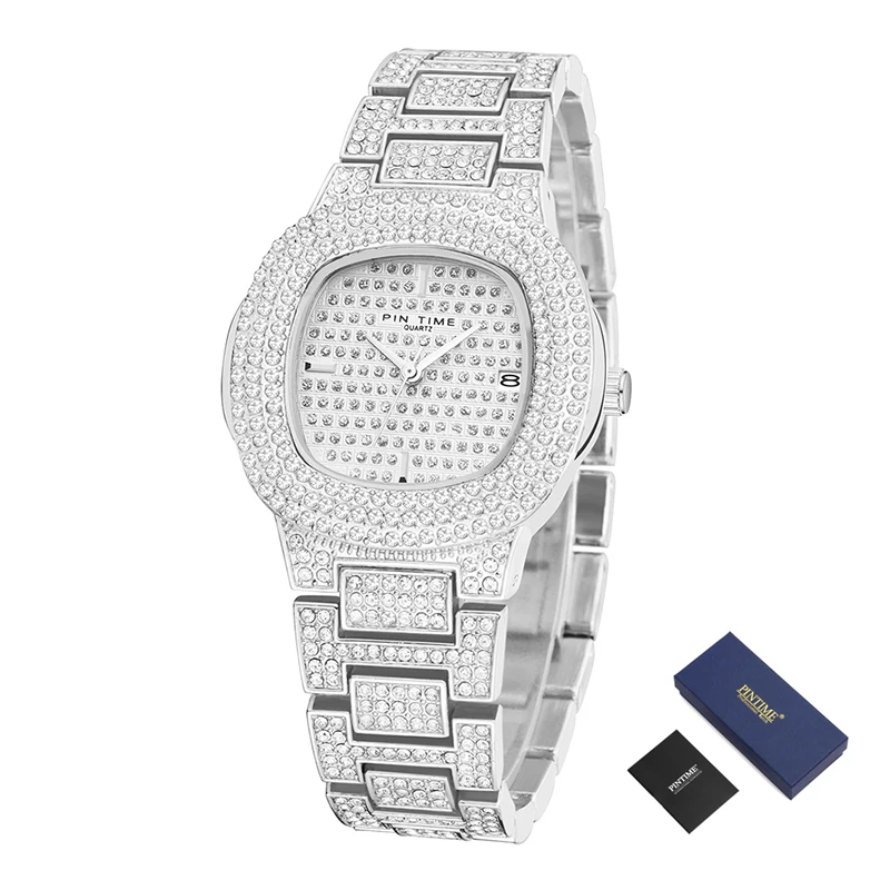 Дропшиппинг, часы Iced Out, мужские, женские, кварцевые, с золотым бриллиантом, мужские часы, Топ бренд, Роскошные, хип-хоп, Стальные наручные часы, Reloj Hombre - Цвет: Women Silver-Box