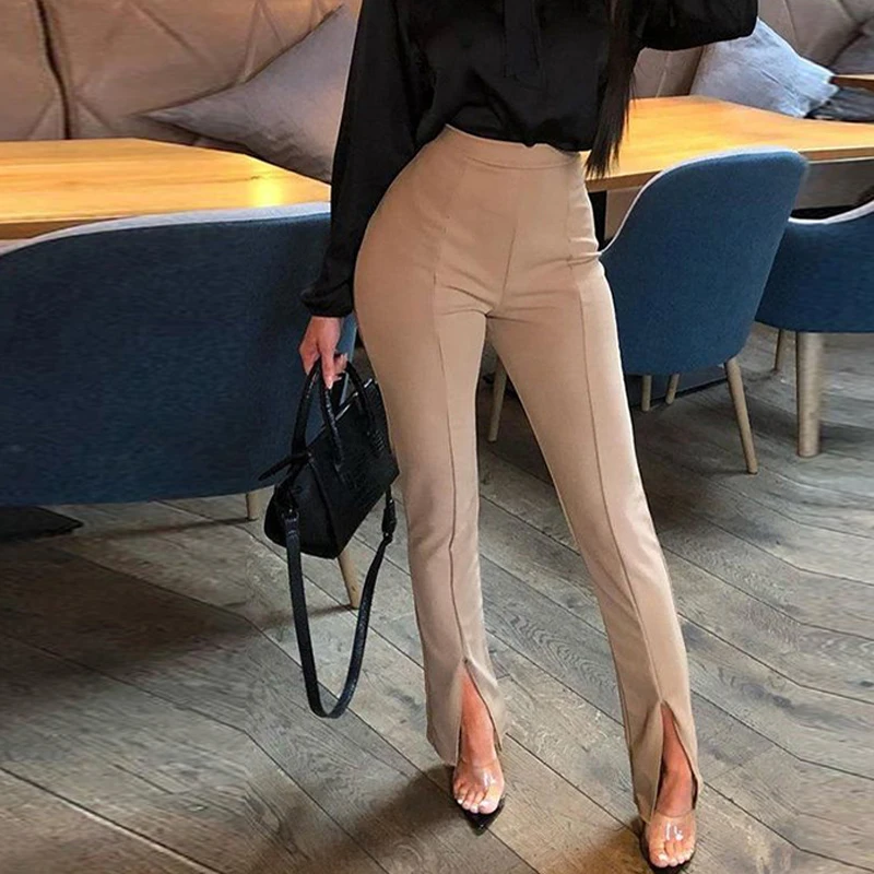 Women Sexy Front Slit Pencil Pants Solid Color High Waist Elegant Casual Office Ladies Tight Trousers Workwear Black White Red 1