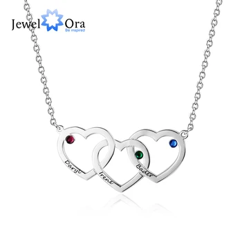 Personalized Intertwined Hearts Necklace with 3 Birthstones 925 Sterling Silver Custom Name Engraved Pendant (JewelOra NE102402)